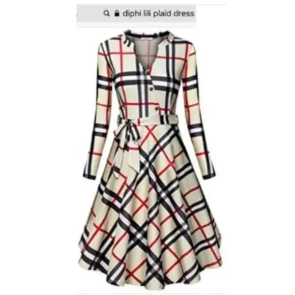 Diphi LiLi Plaid Dress Sz XL Tan Black V-Neck Button Down Fit & Flare Preppy VNT - Picture 9 of 13